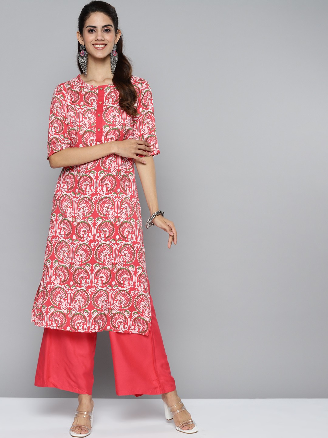 

HERE&NOW Women Coral Red & White Ethnic Motifs Printed Kurta