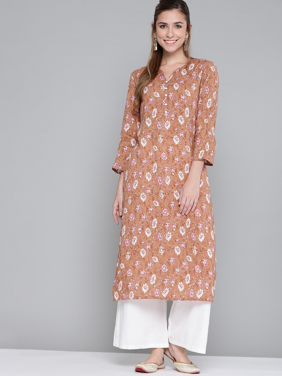 

HERE&NOW Women Brown & White Ethnic Motifs Printed Kurta