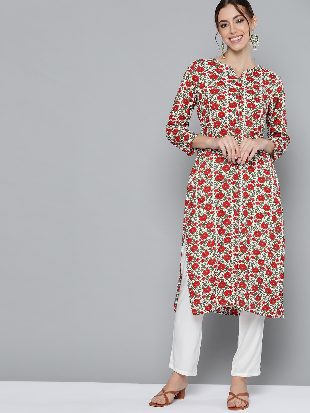 

HERE&NOW Women Red & Green Floral Print Kurta