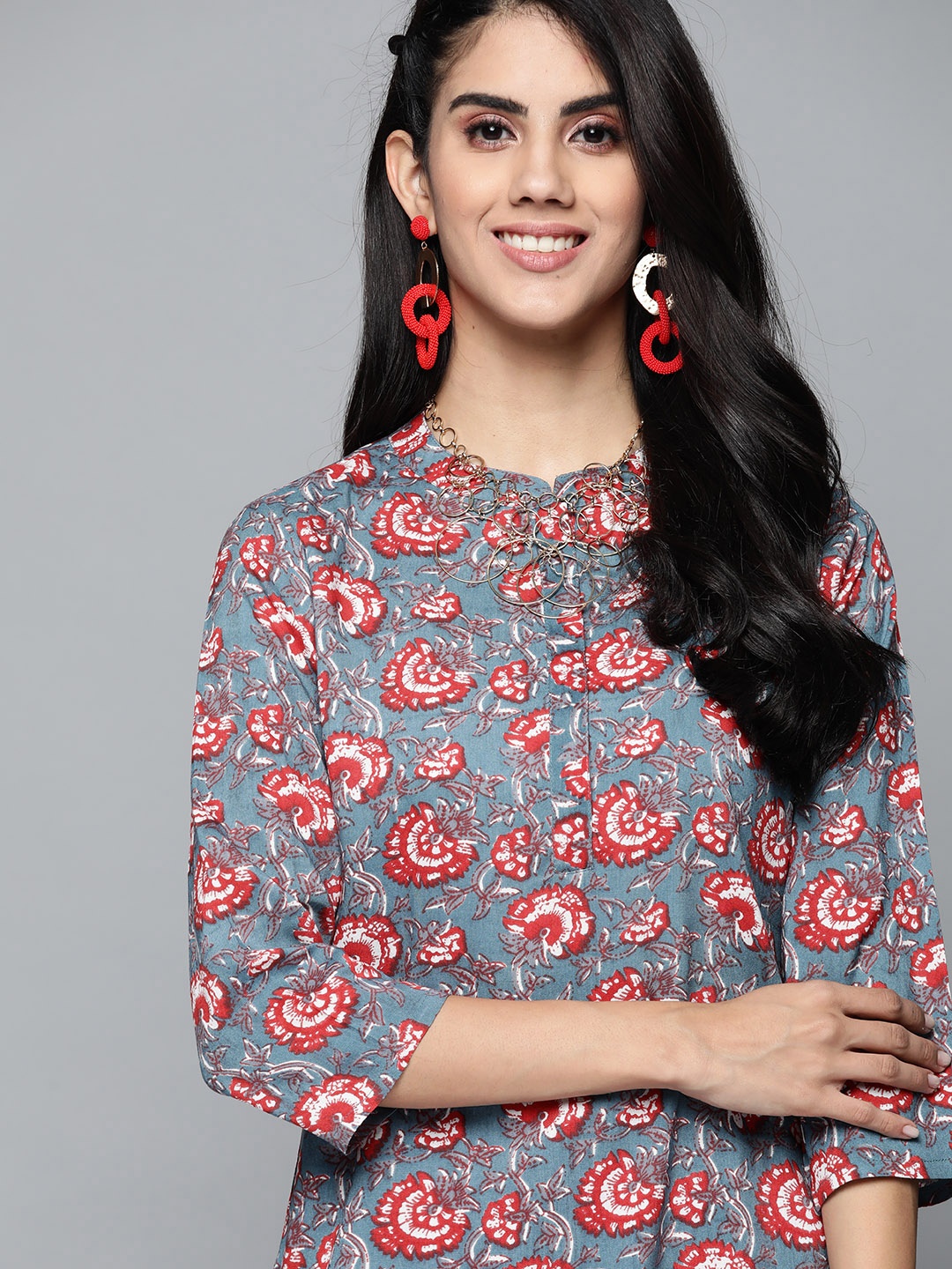 

HERE&NOW Women Blue & Red Ethnic Motifs Printed Kurta