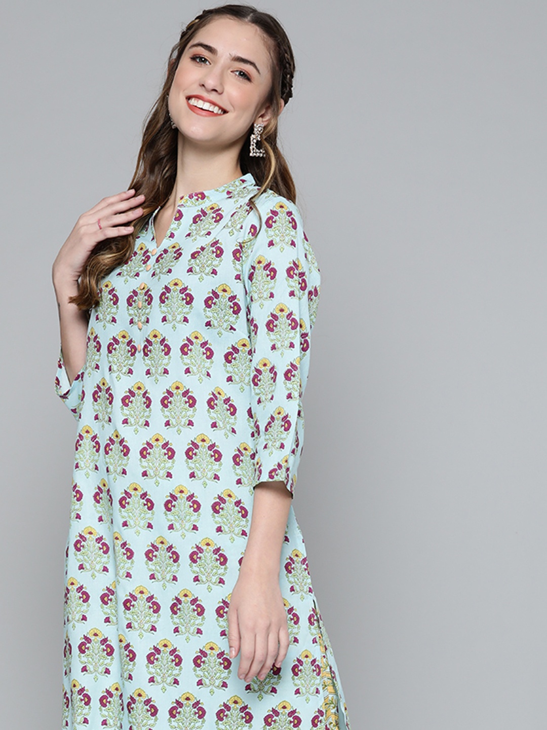 

HERE&NOW Women Blue & Yellow Ethnic Motifs Printed Regular Kurta with Trousers