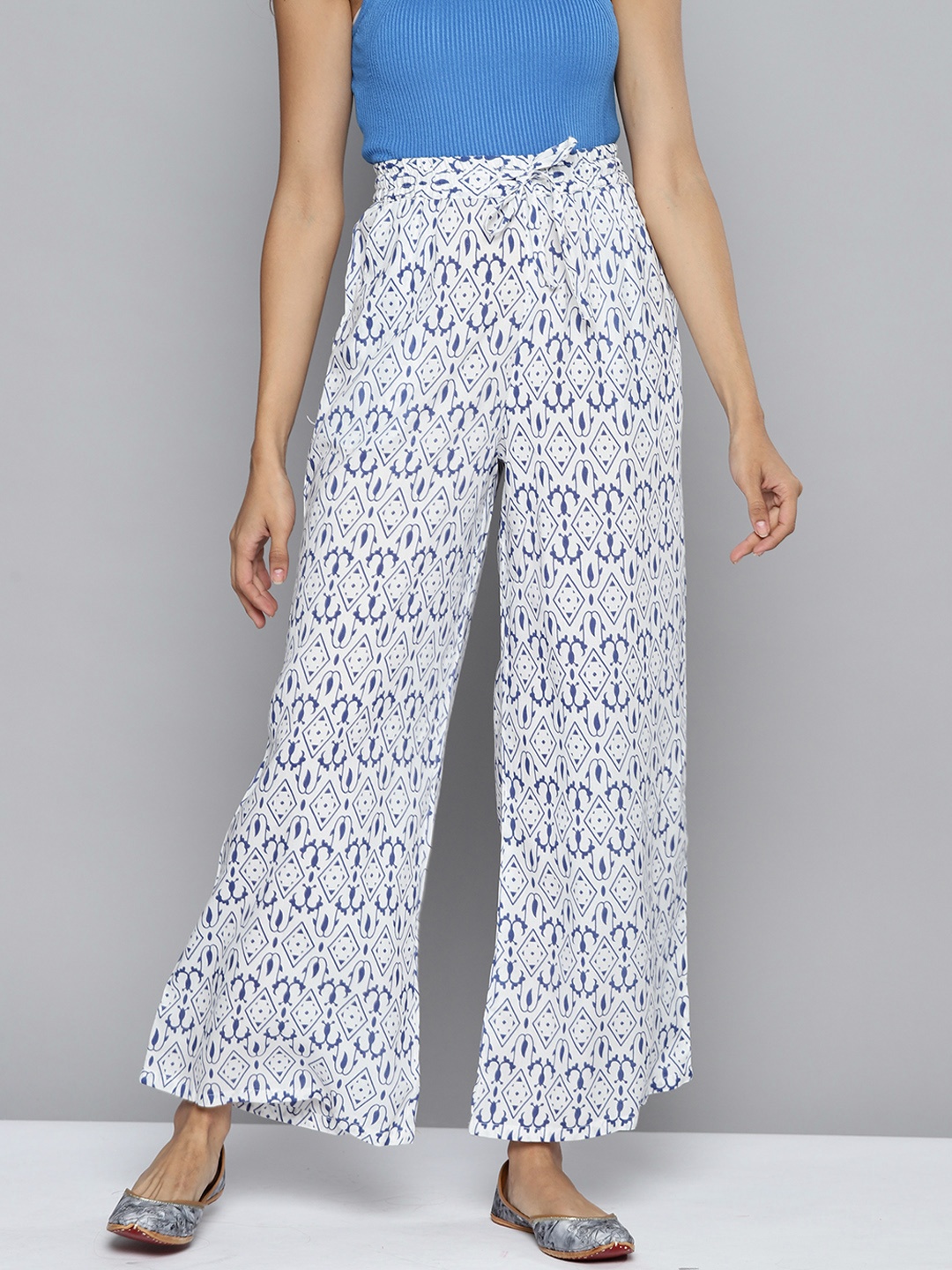 

HERE&NOW Women White & Blue Ethnic Motifs Print Palazzos