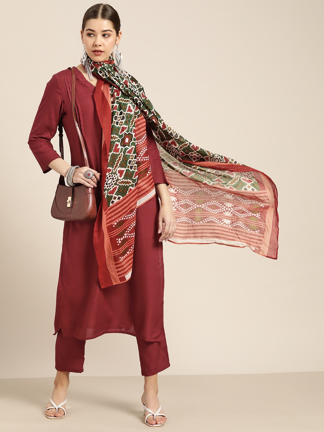 

Moda Rapido Women Maroon Solid Pure Cotton Kurta with Trousers & With Dupatta