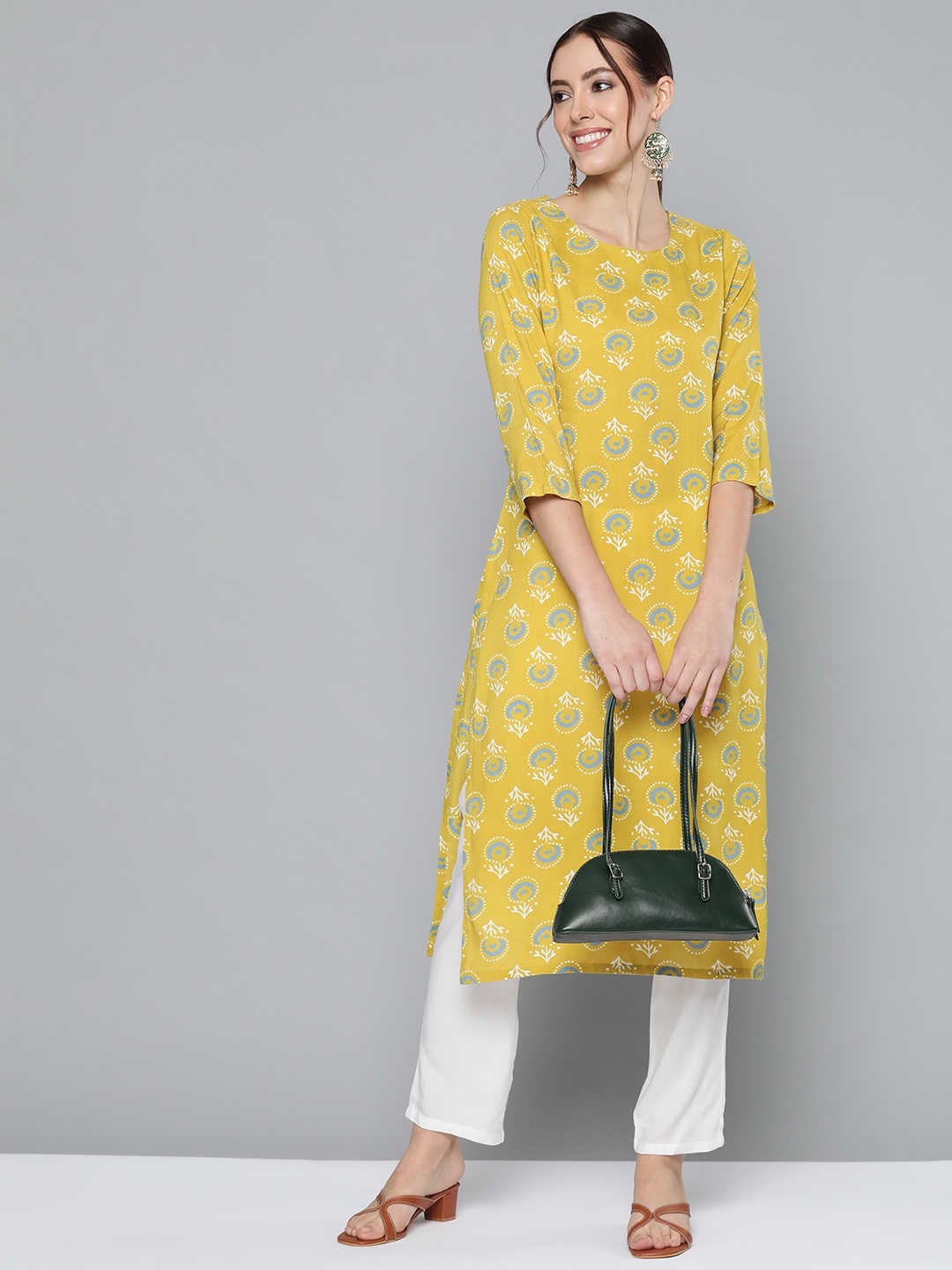 

HERE&NOW Women Lime Green & White Ethnic Motifs Print Kurta with Trousers