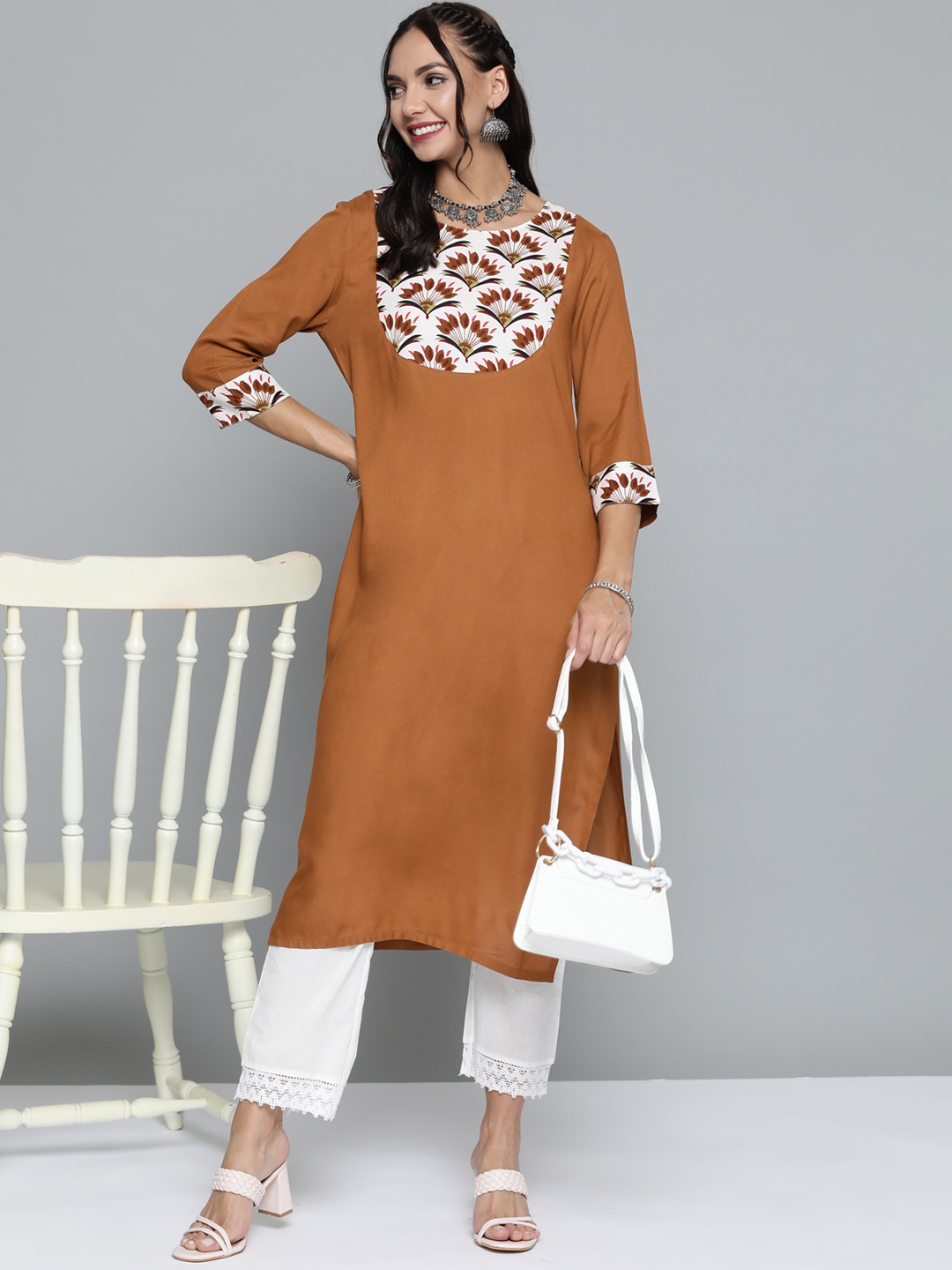 

HERE&NOW Women Mustard Brown & White Yoke Design Straight Kurta