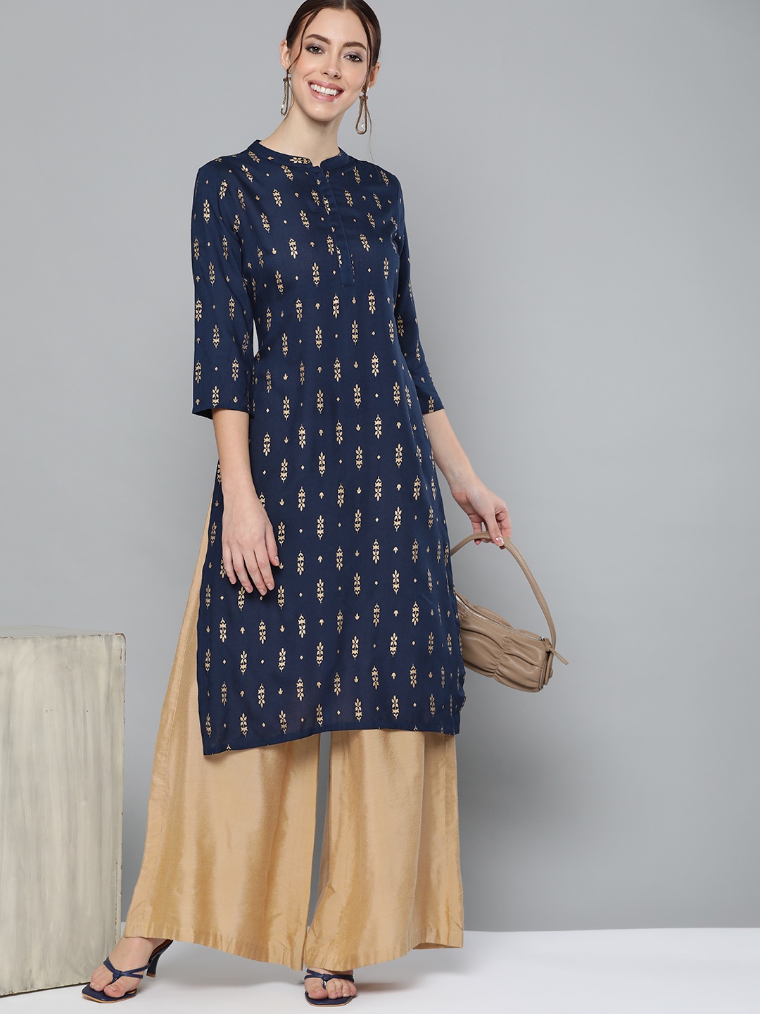 

HERE&NOW Women Navy Blue & Gold-Toned Ethnic Motifs Printed Kurta