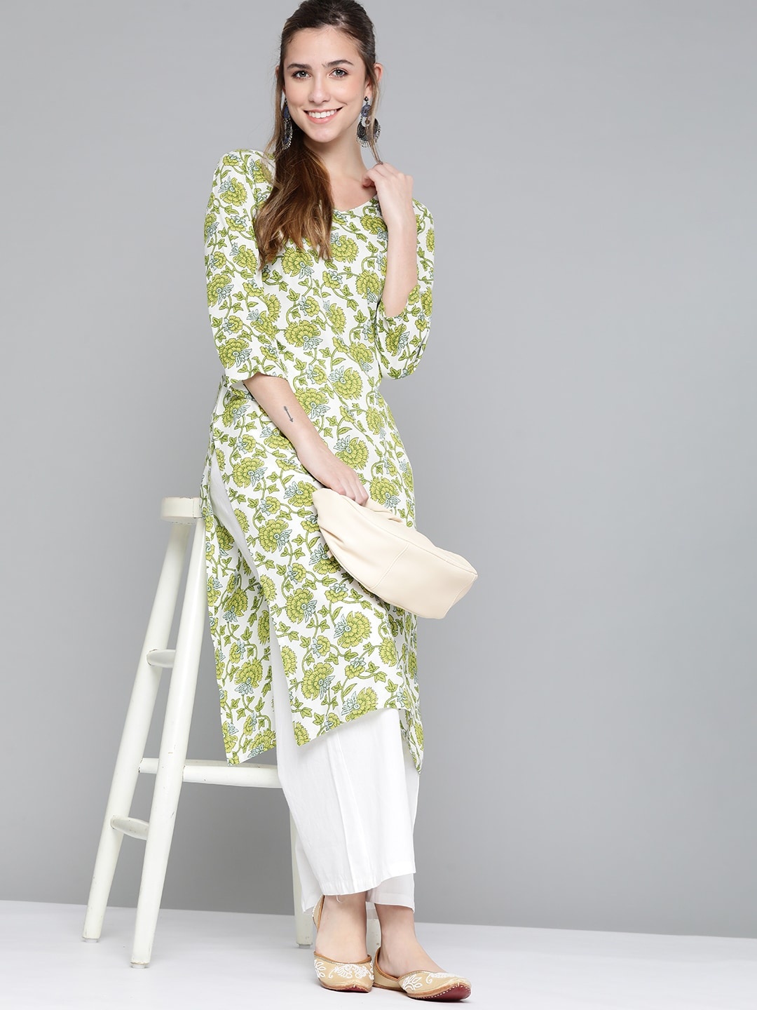 

HERE&NOW Women White & Green Ethnic Motifs Printed Kurta