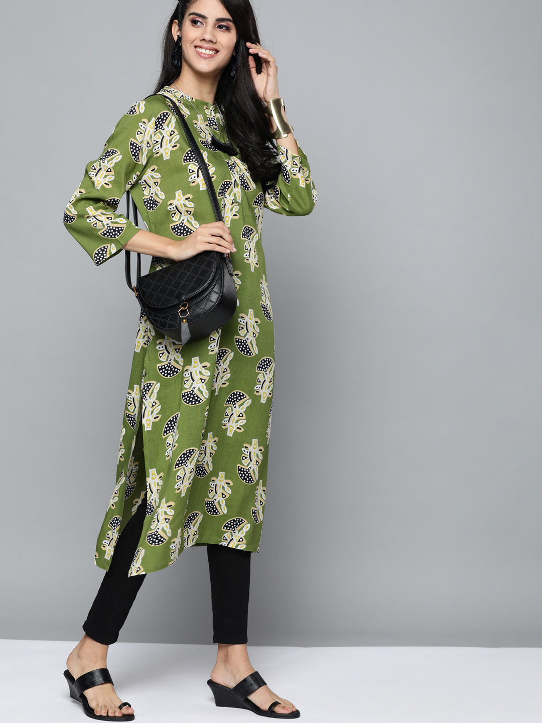 

HERE&NOW Women Green & White Ethnic Motifs Printed Kurta
