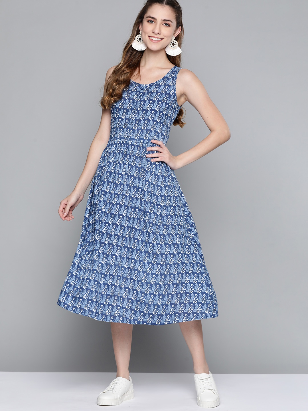 

HERE&NOW Women Ethnic Motifs A-Line Midi Dress, Blue