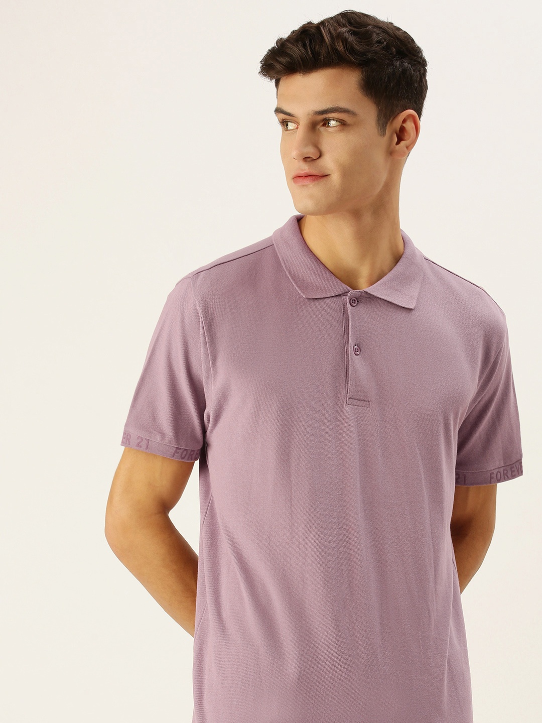 

FOREVER 21 Men Pink Self Designed Polo Collar T-shirt