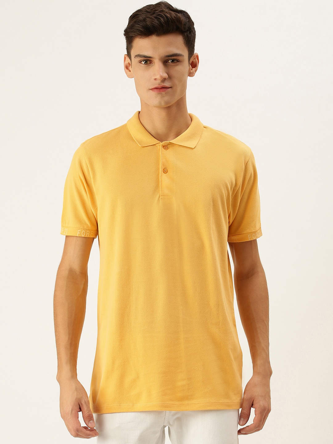 

FOREVER 21 Men Yellow Self Designed Polo Collar T-shirt