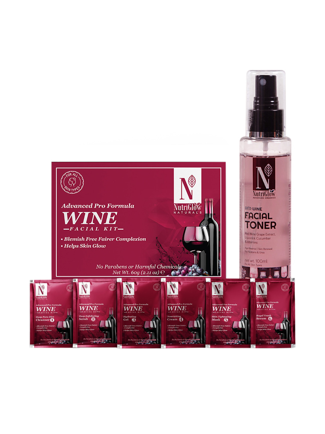 

NutriGlow Naturals Unisex Wine Facial Kit (60gm) and Red Wine Facial Toner (100ml), White