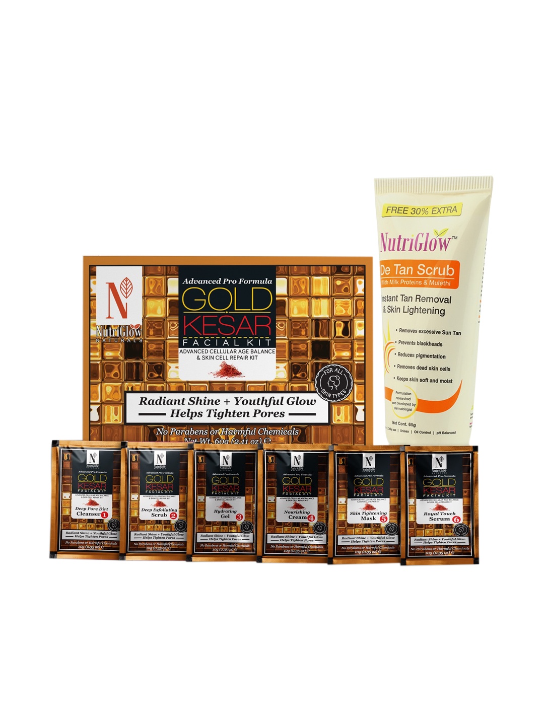 

NutriGlow Naturals Gold Kesar Facial Kit (60gm) and De Tan Scrub (65gm), White