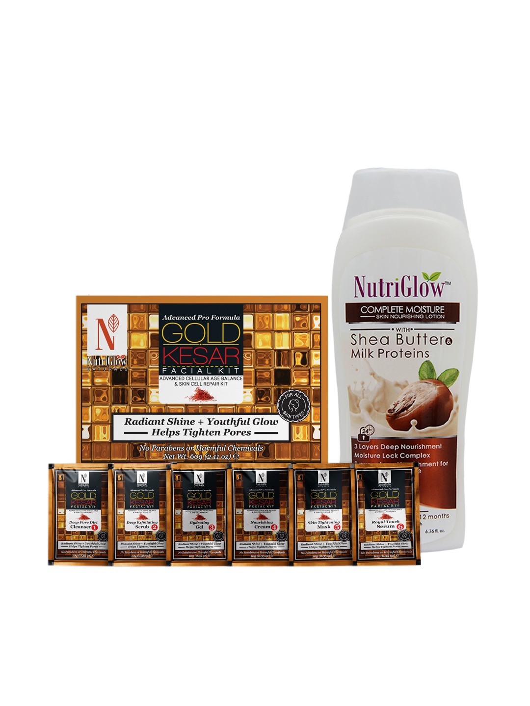 

NutriGlow Naturals Set of 2 Gold Kesar Facial Kit 60g & Shea Butter Milk Body Lotion 200ml, White