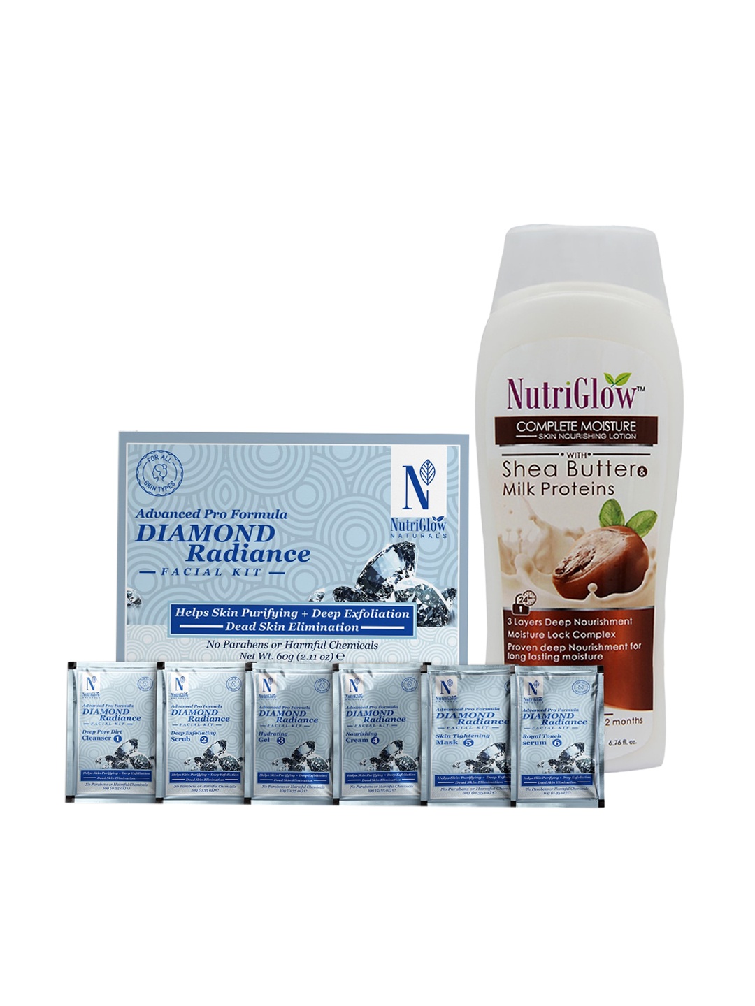 

NutriGlow Naturals Set of 2 Diamond Radiance Facial Kit & Shea Butter Milk Body Lotion, White