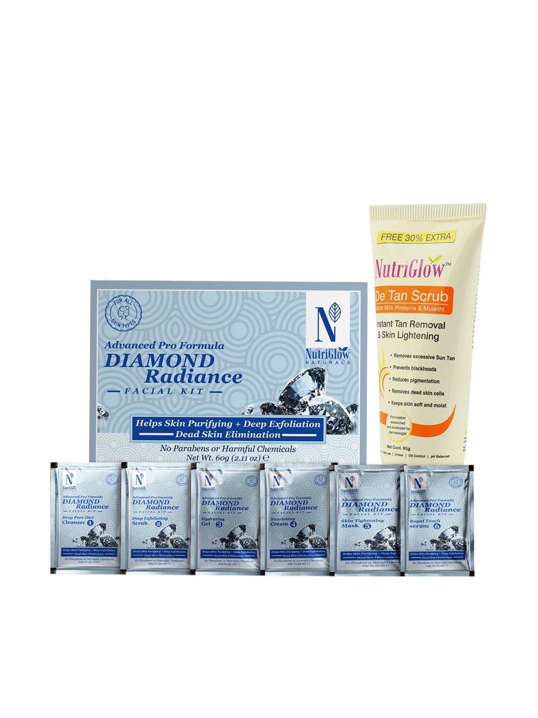 

NutriGlow Naturals Set of Natural's Diamond Radiance Facial Kit 60 g & De Tan Scrub 65 g, White