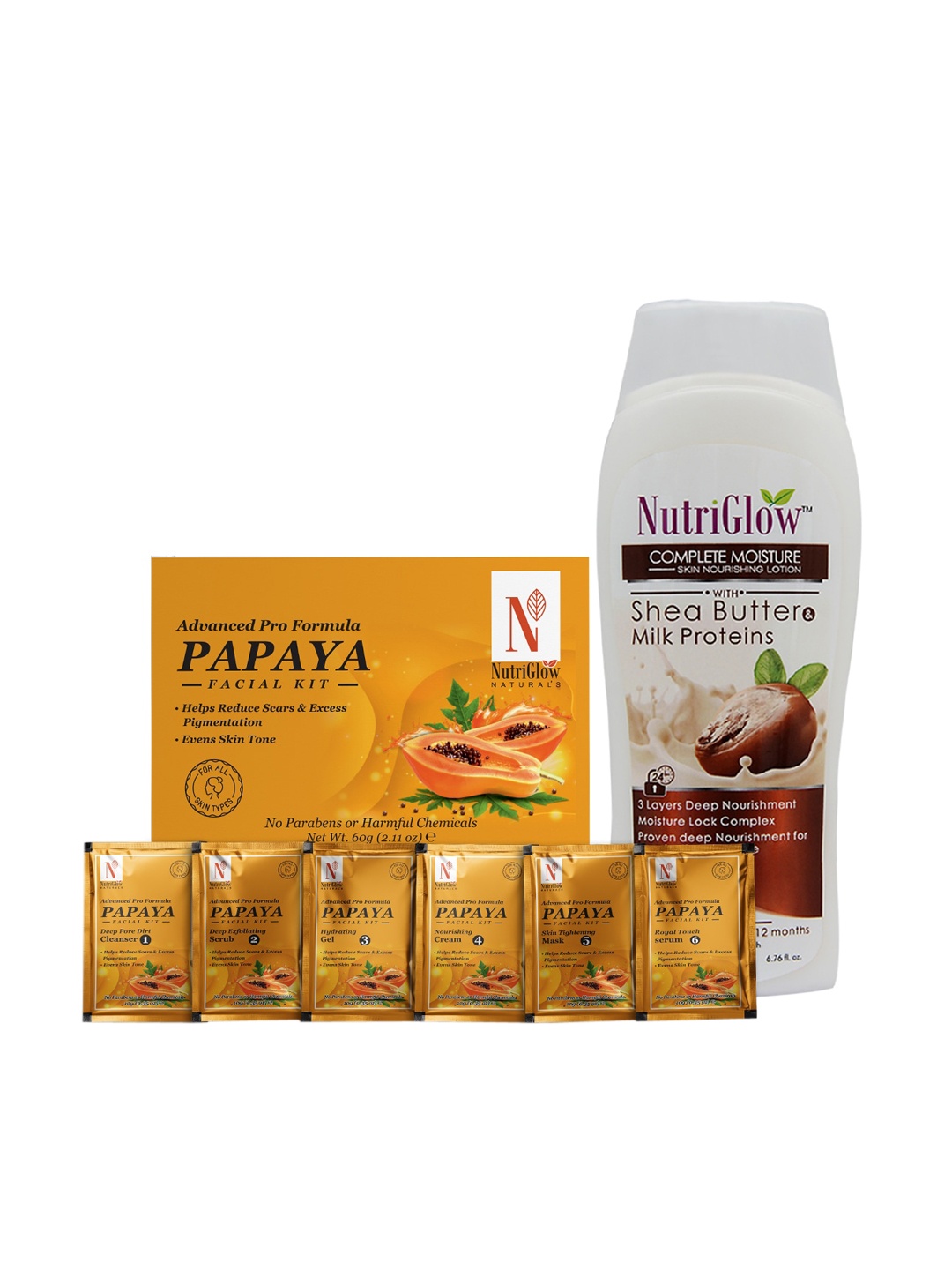 

NutriGlow Naturals Set of 2 Papaya Facial Kit 60 g & Shea Butter Milk Body Lotion 200 ml, White