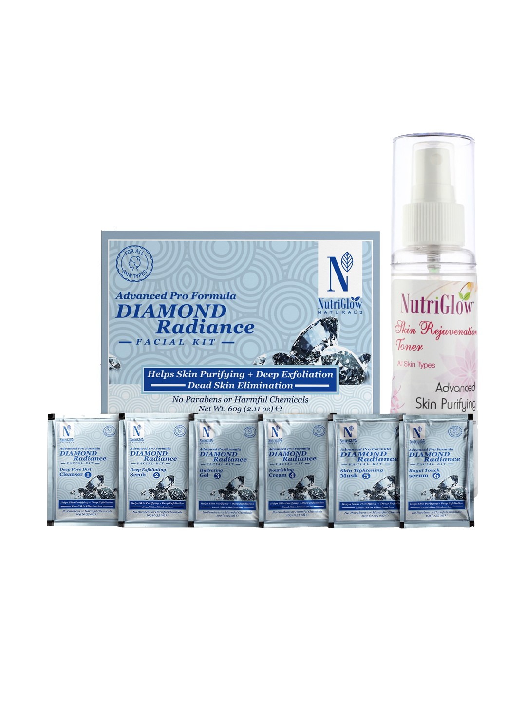 

NutriGlow Naturals Set of Diamond Radiance Facial Kit 60g & Skin Rejuvenation Toner 120ml, White