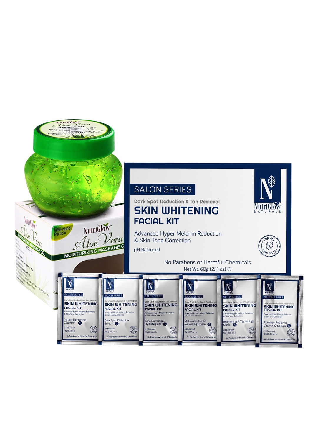 

NutriGlow Naturals Set of Skin Whitening Facial Kit 60g & Aloe Vera Massage Gel 100g, White