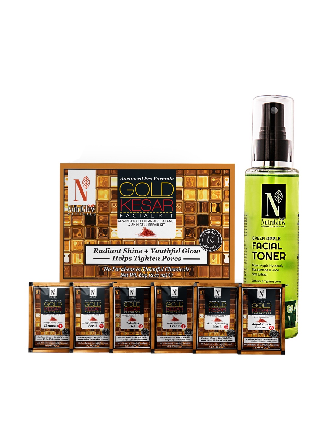 

NutriGlow Naturals Gold Kesar Facial Kit (60gm) and Green Apple Facial Toner (100ml), White