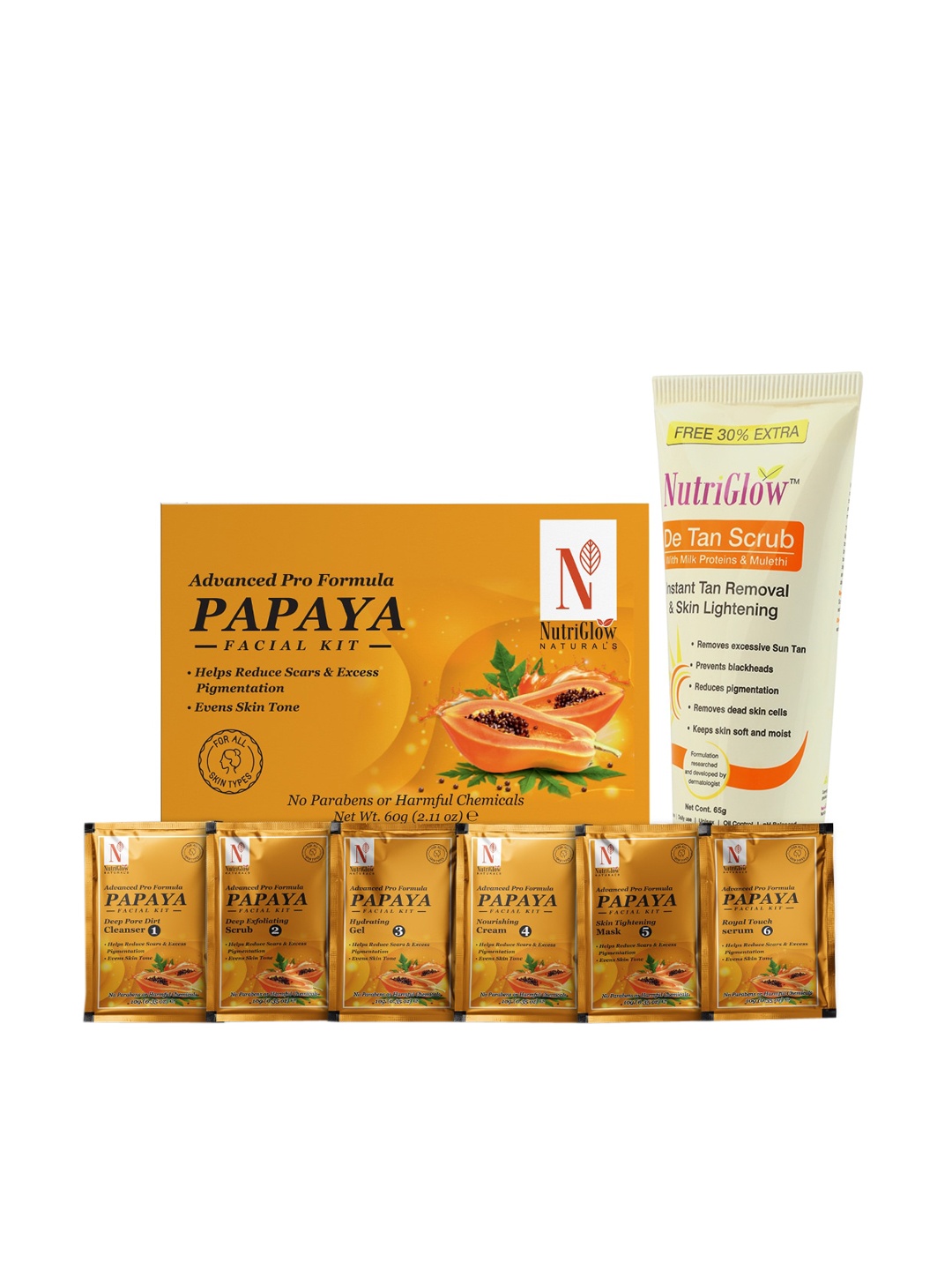 

NutriGlow Naturals Set of Papaya Facial Kit 60 g & De Tan Scrub 65 ml, Gold