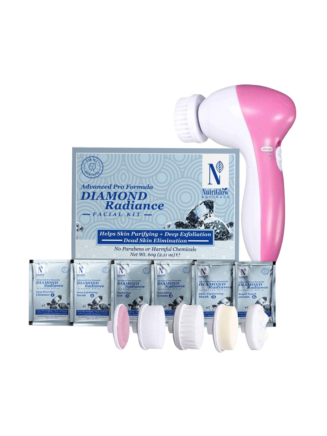 

NutriGlow Naturals Diamond Radiance Facial Kit 60 g 5 In 1 Rotating Face Massager, White
