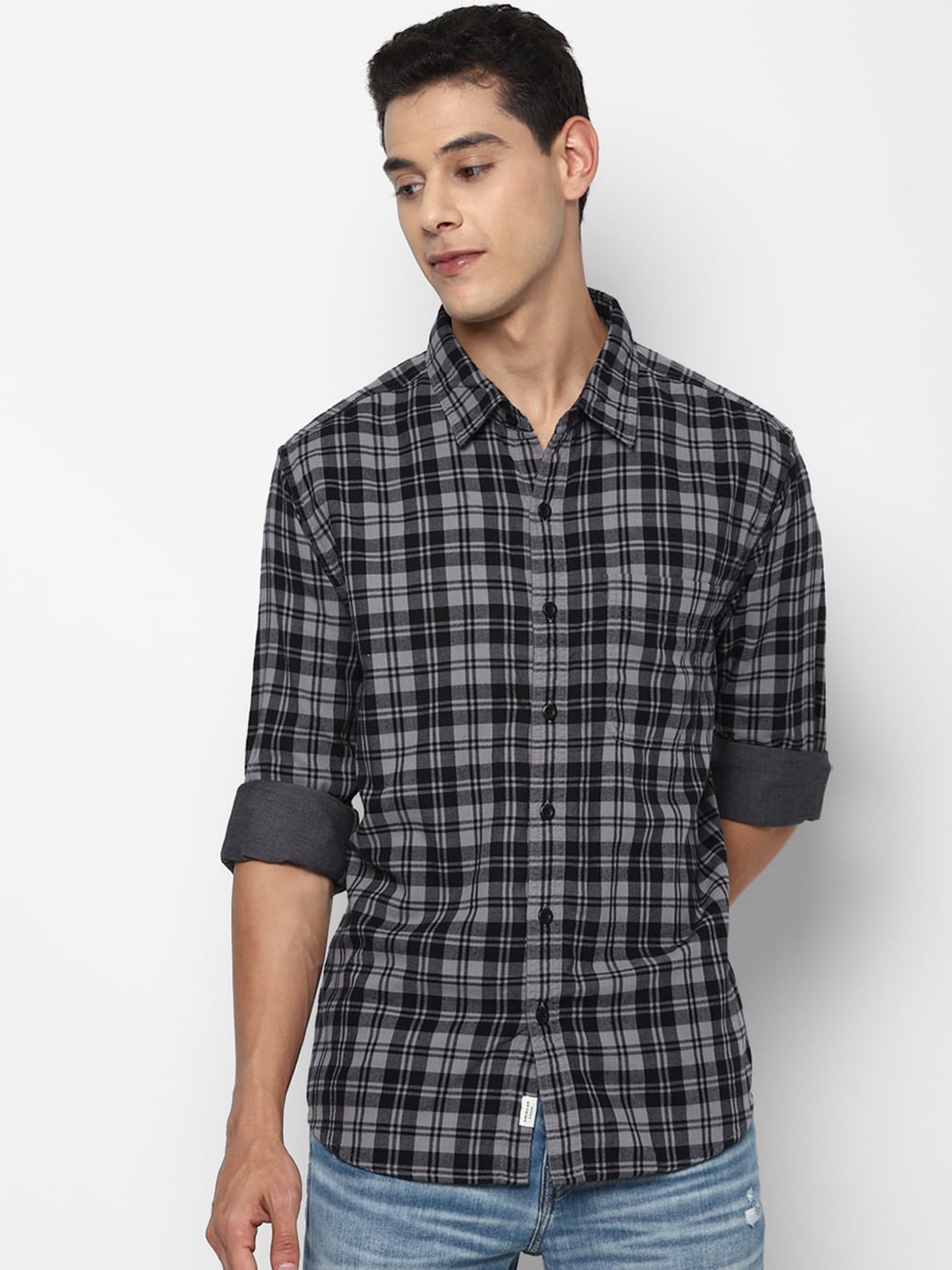 

AMERICAN EAGLE OUTFITTERS Men Grey Tartan Checks Checked Casual Shirt