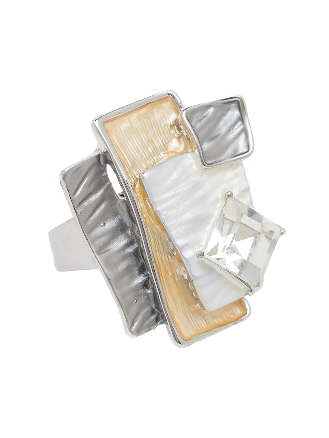 

Blisscovered Grey & Beige Stone-Studded Enamelled Adjustable Finger Ring
