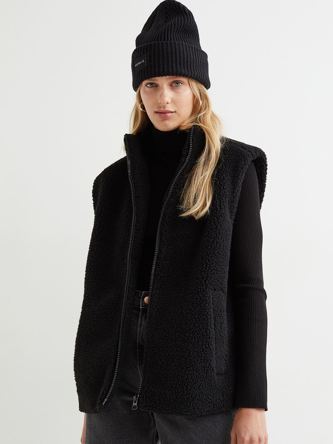 

H&M Women Black Self Design Stand Collar Faux Shearling Gilet