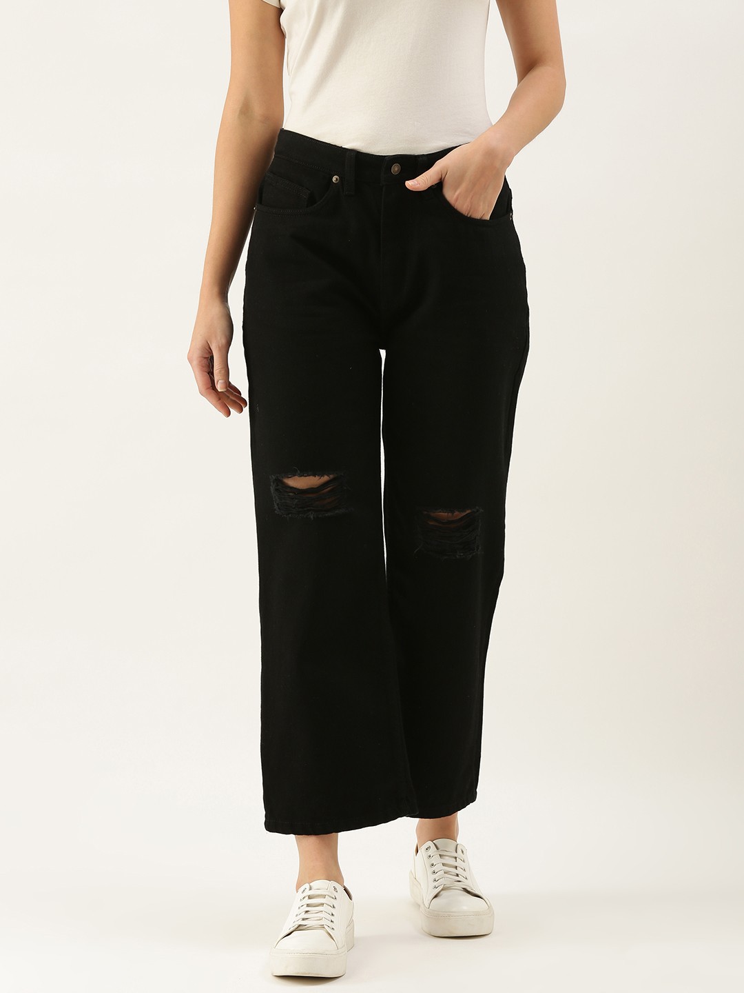 

FOREVER 21 Women Black Wide Leg Mildly Distressed Mid Rise Stretchable Jeans