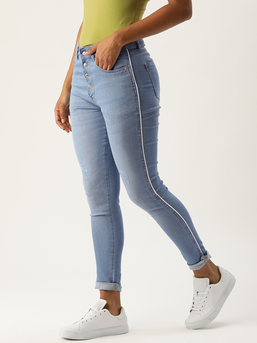 

FOREVER 21 Women Blue Skinny Fit Mid-Rise Low Distress Jeans