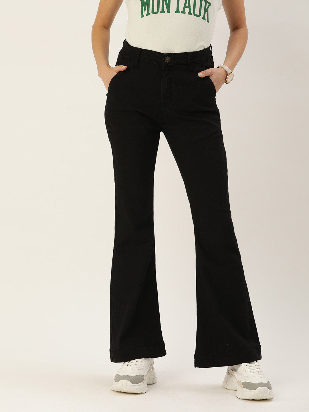 

FOREVER 21 Women Black Wide Leg Mid-Rise Clean Look Stretchable Jeans