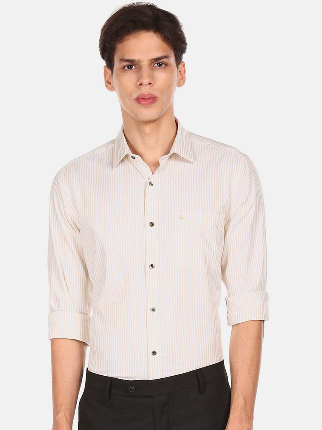 

Arrow Men Beige Opaque Striped Pure Cotton Casual Shirt