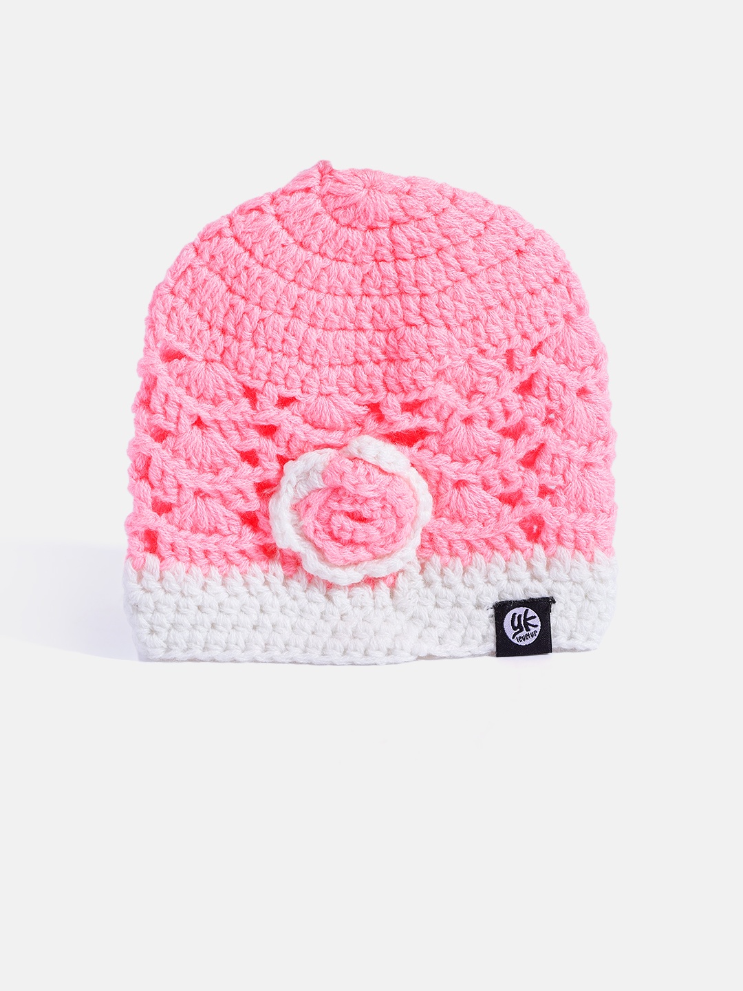 

YK Kids Pink & White Crochet Floral Applique Beanie