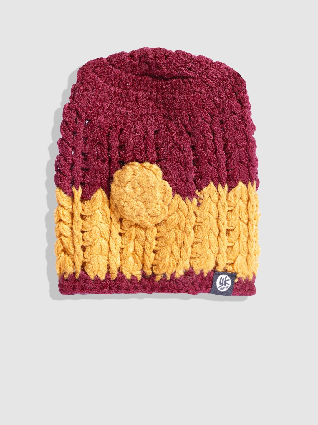 

YK Unisex Maroon & Mustard Yellow Colourblocked Open Knit Beanie