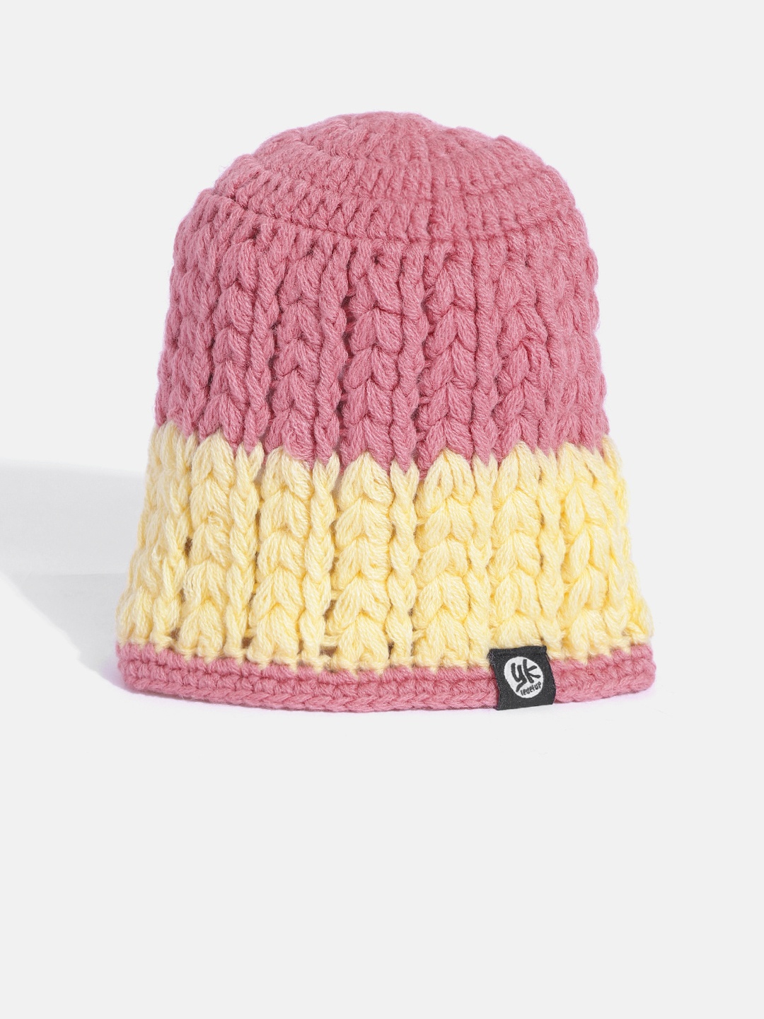 

YK Girls Peach-Coloured & Yellow Colourblocked Beanie