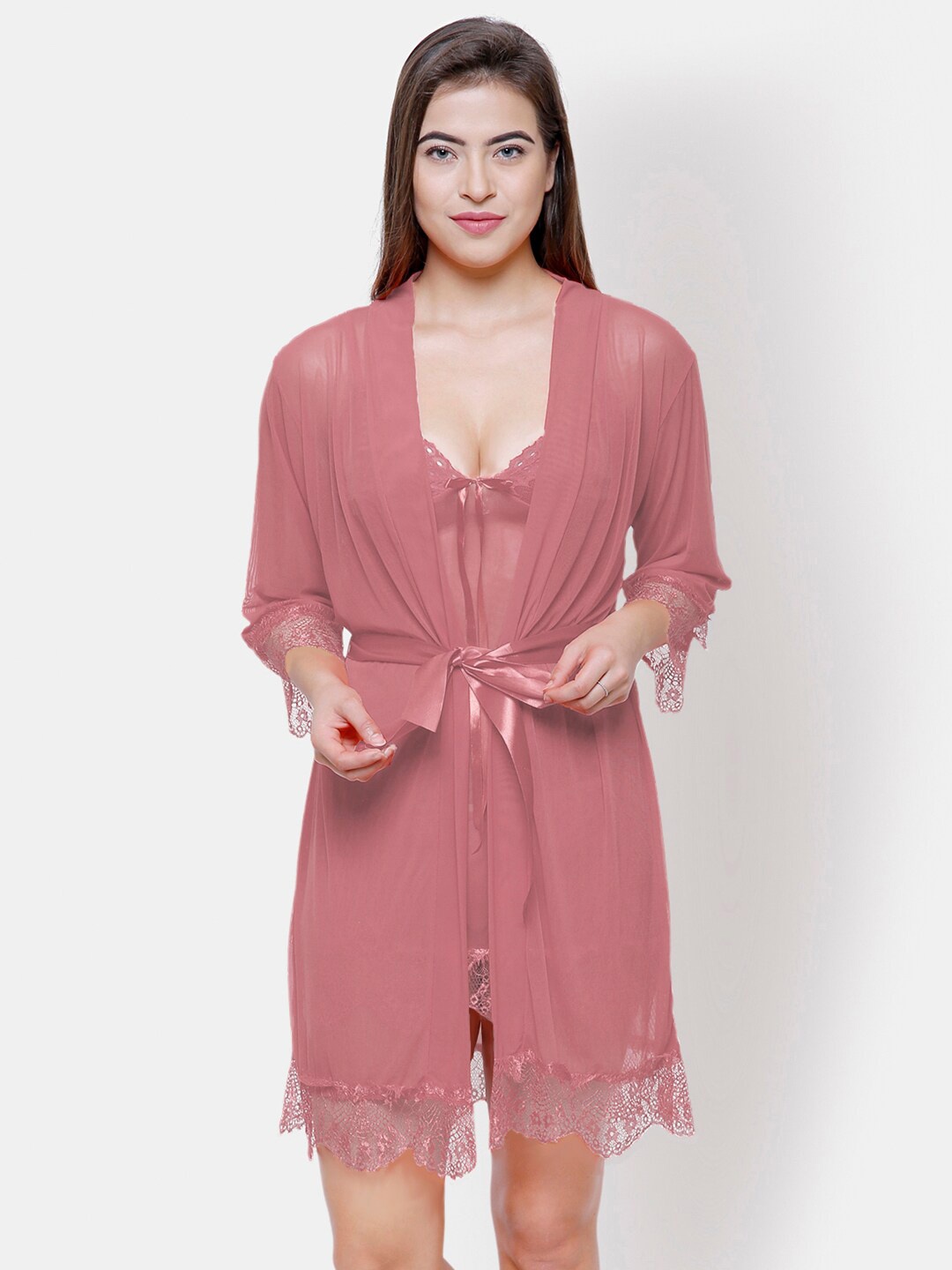

FashionRack Pink Net Baby Doll with Robe