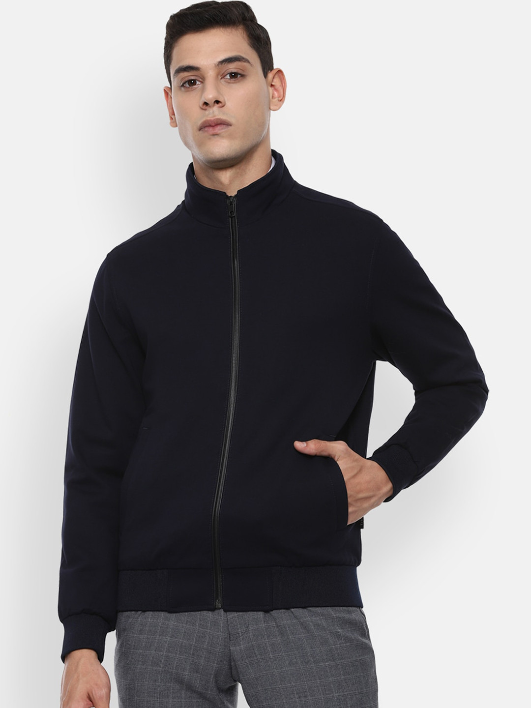 

Van Heusen Men Navy Blue Colourblocked Bomber Jacket