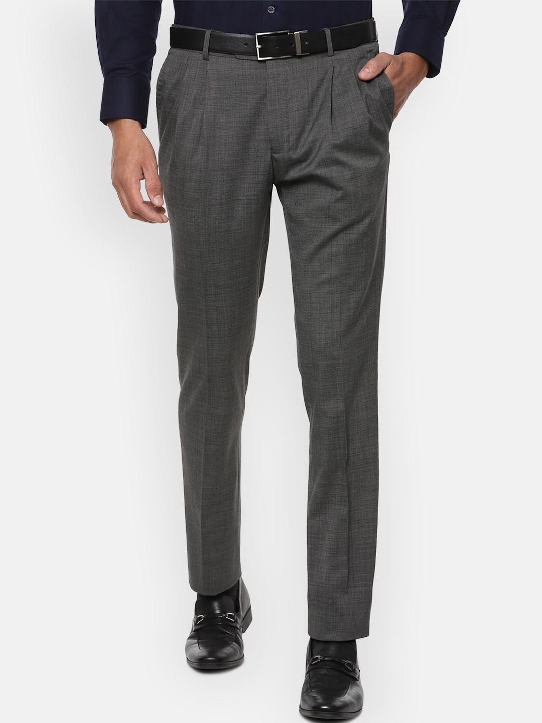 

Luxure by Louis Philippe Men Grey Checked Slim Fit Pleated Formal Trousers