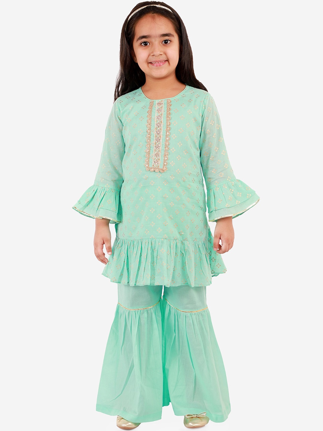 

LIL DRAMA Girls Green Ethnic Motifs Embroidered Regular Pure Cotton Kurta with Sharara