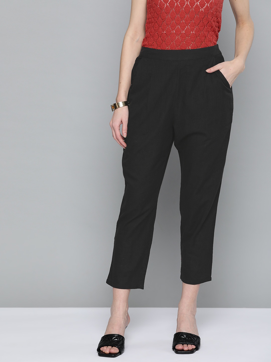 

HERE&NOW Women Black Solid Pure Cotton Trousers