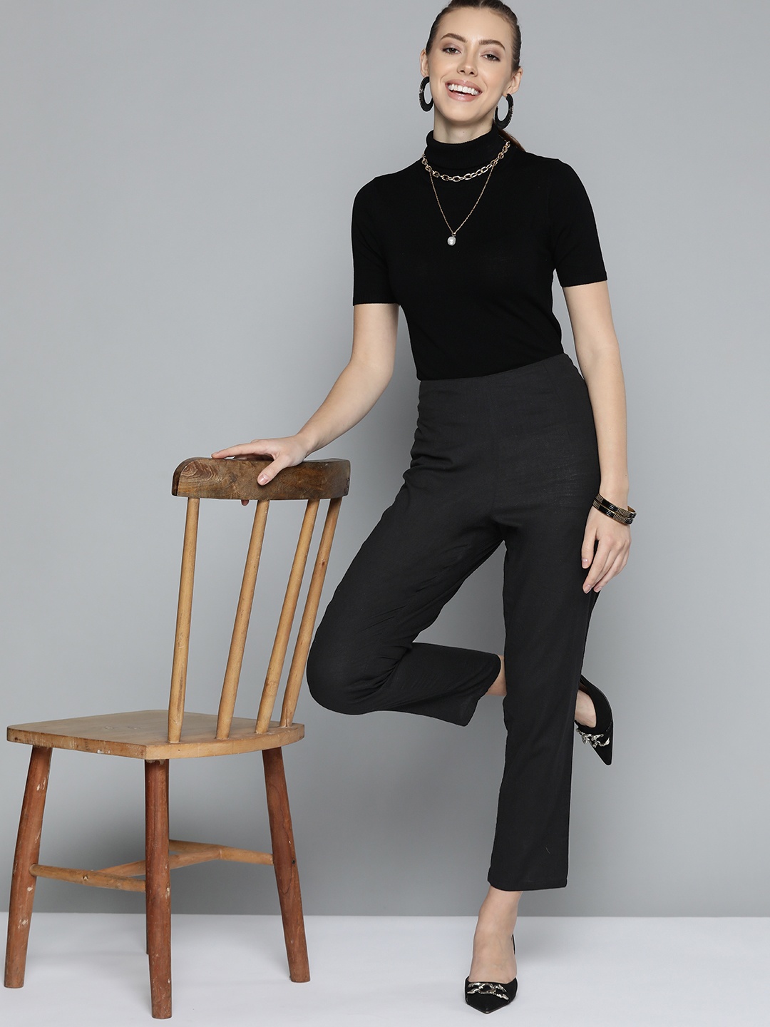 

HERE&NOW Women Black Solid Pure Cotton Trousers