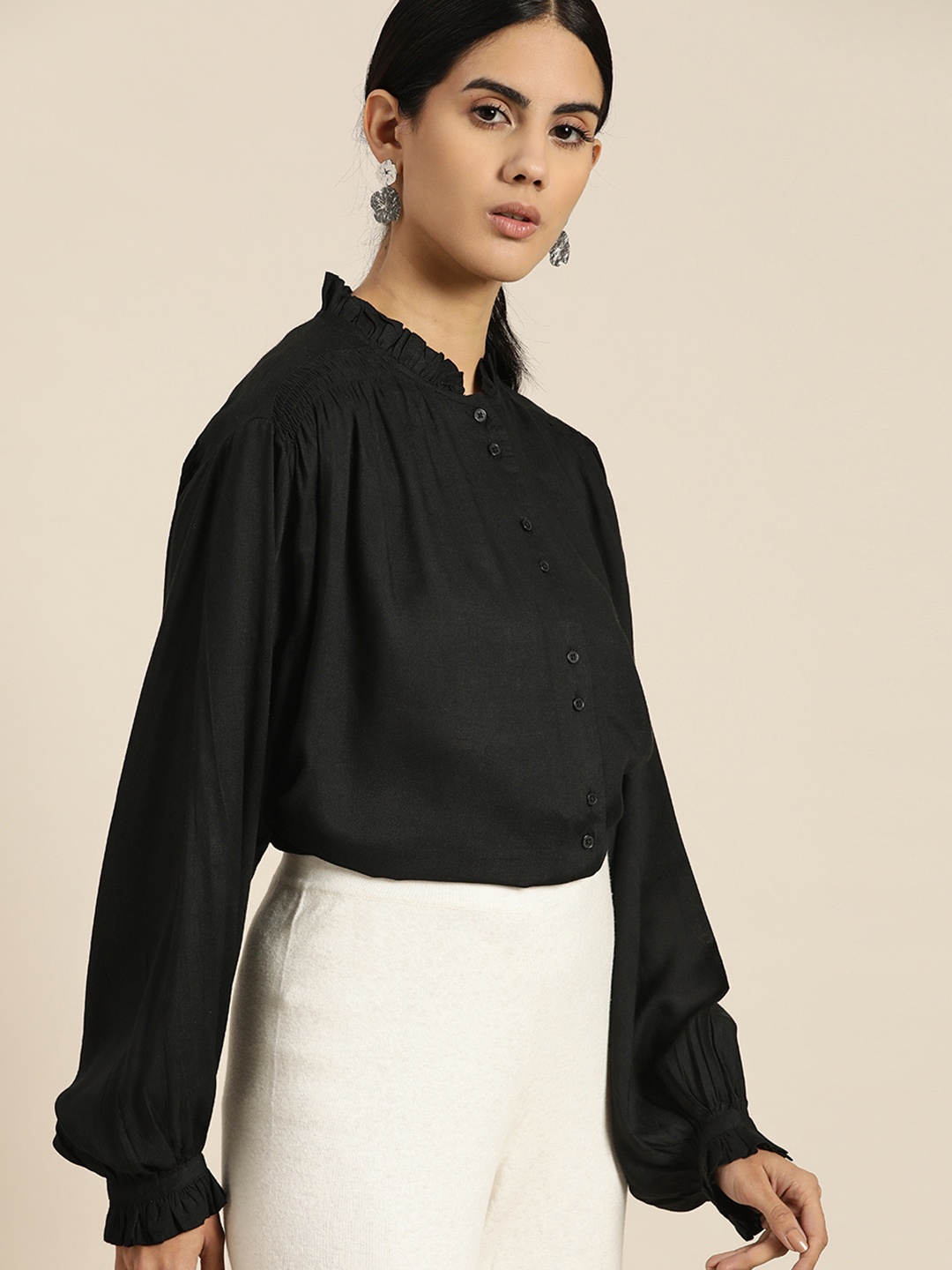 

her by invictus Black Mandarin Collar Shirt Style Top