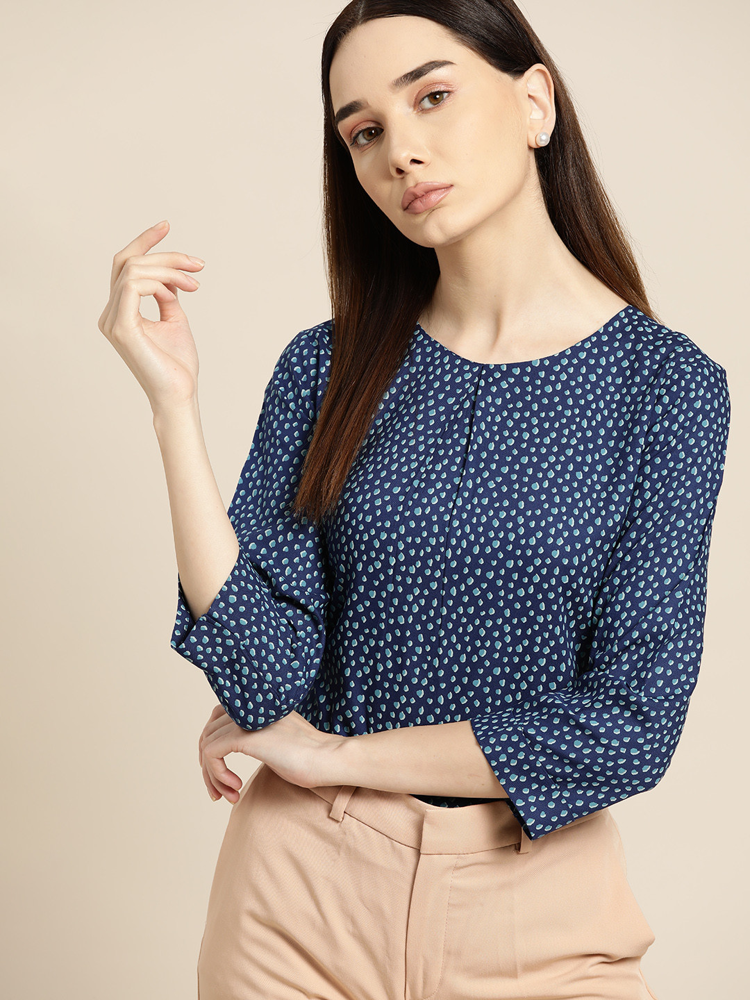 

her by invictus Navy Blue Printed Pleated Semi-Formal Top