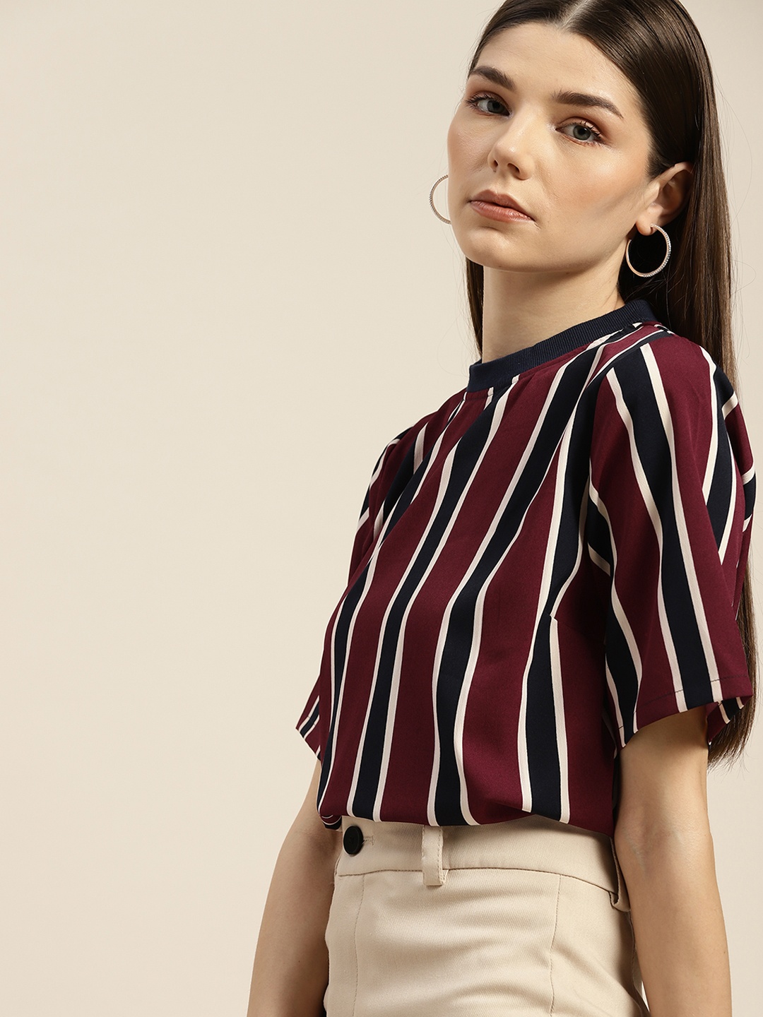 

her by invictus Women Maroon & Navy Blue Striped Top