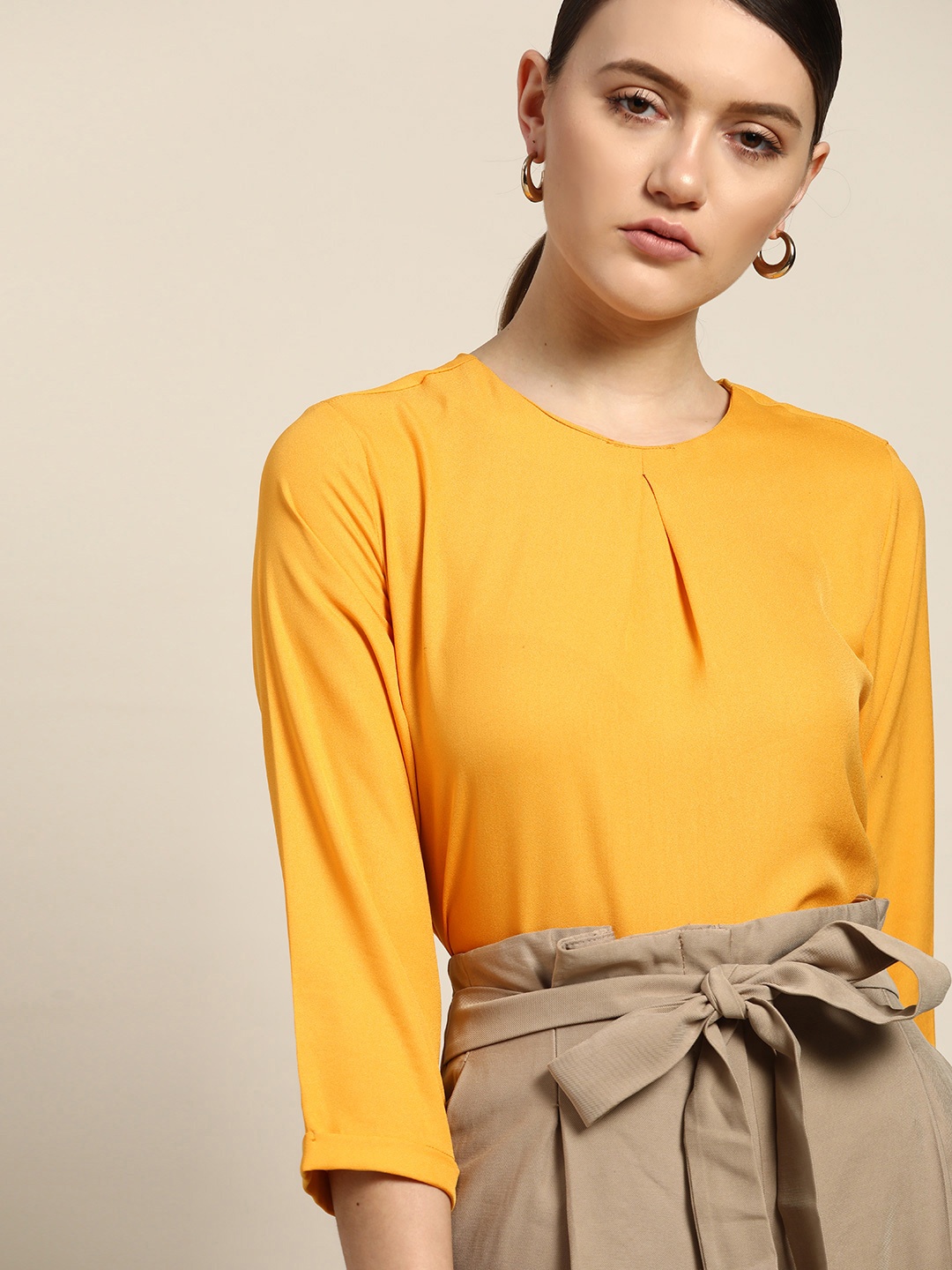 

her by invictus Yellow Solid Pleated Top