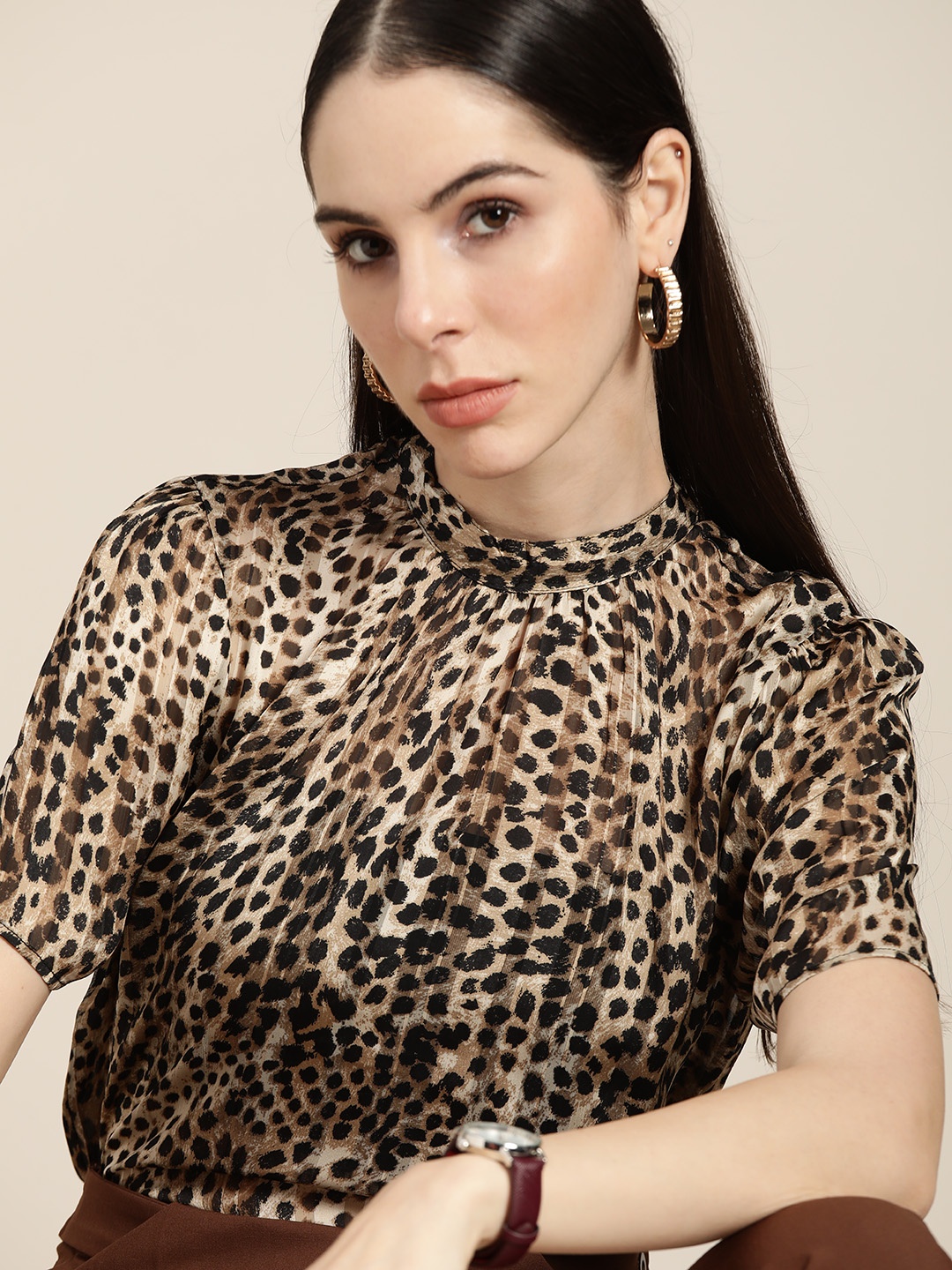 

her by invictus Women Beige & Black Animal Print Top