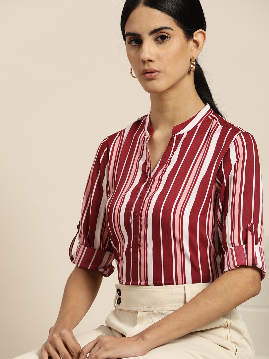 

her by invictus Maroon & White Striped Round Neck Roll-Up Sleeves Top