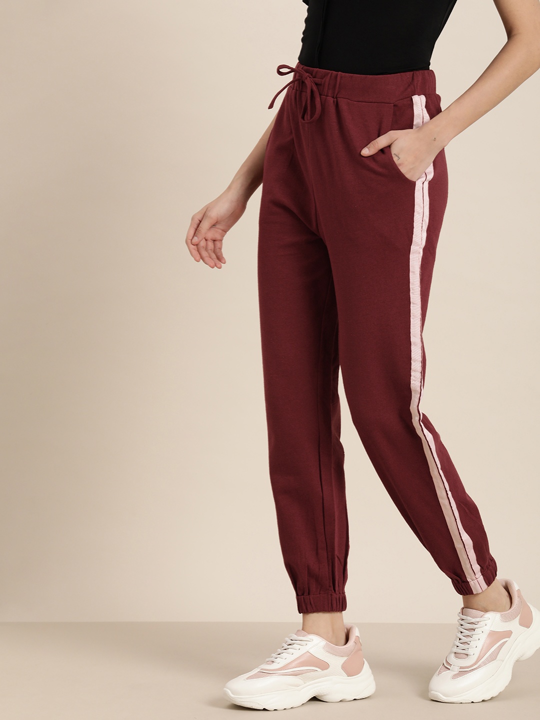 

her by invictus Women Solid Mid-Rise Regular Joggers With Side Stripes, Maroon