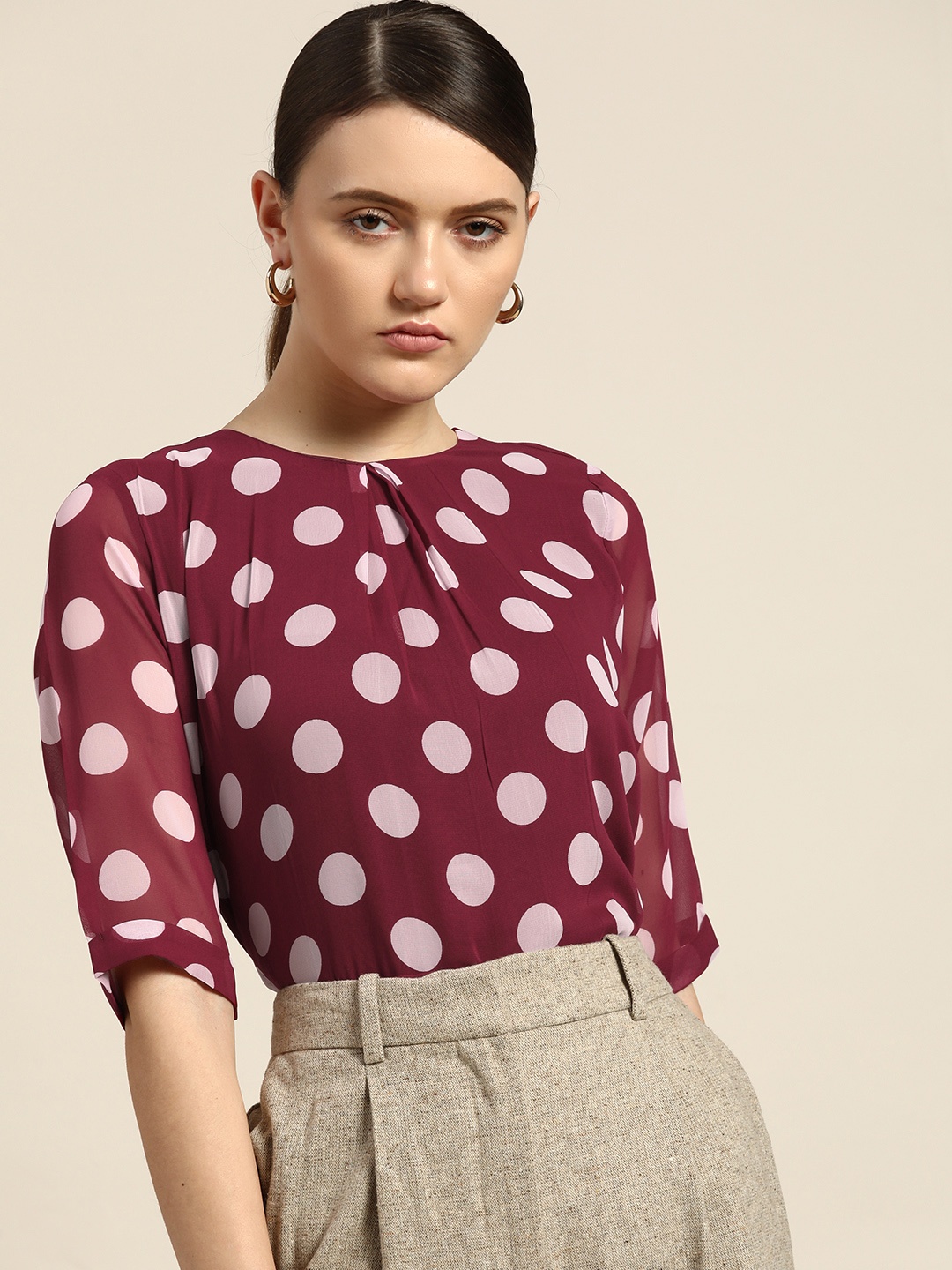 

her by invictus Burgundy & White Polka Dots Print Pleated Top